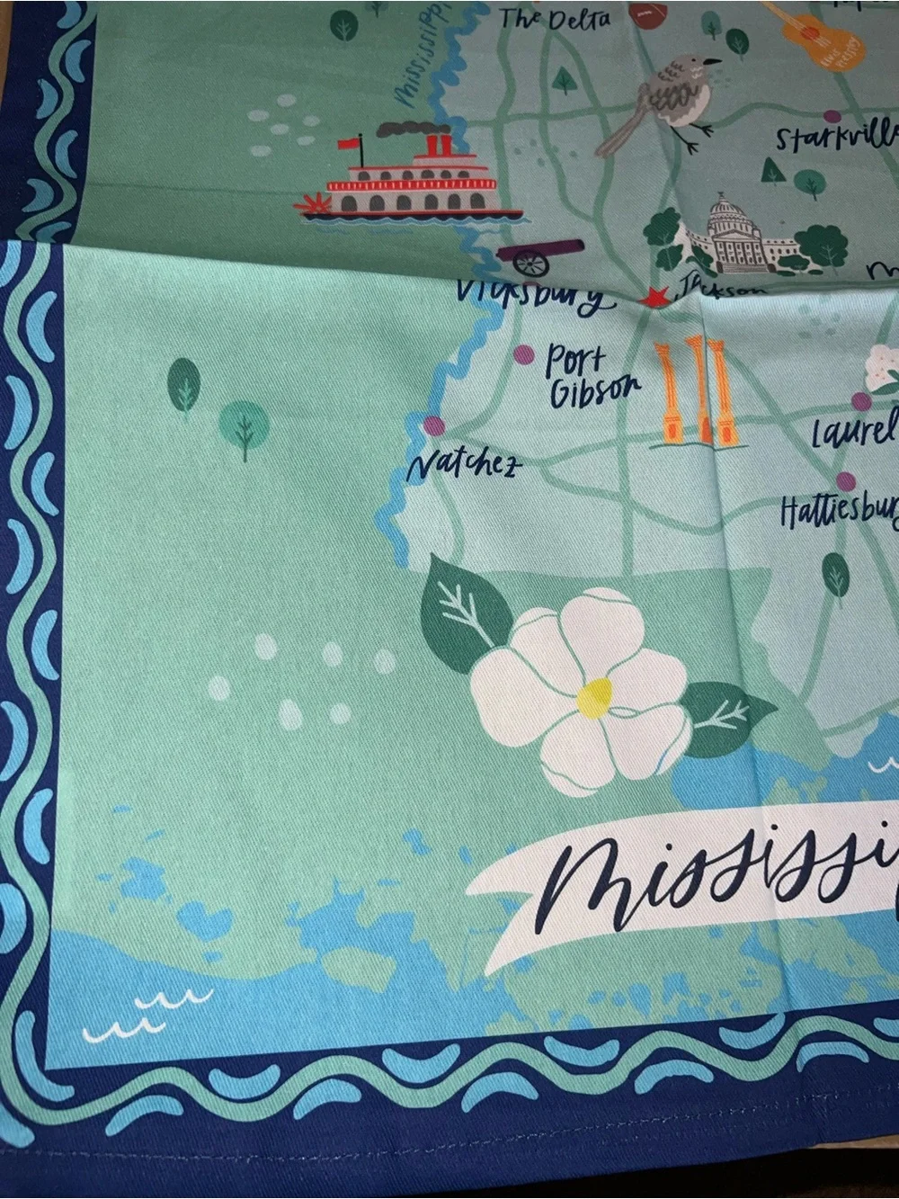 Mary Square Mississippi Map Cotton Tea Towel - Aqua and Navy